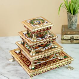 Indian Home Decorative | Handcrafted Wooden Chauki with Meenakari Work– Traditional stand for Pooja, Meditation & Home Decor – set of 4